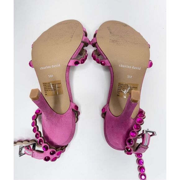 Charles David Sandals Ladies Size 5 Pink Rhinestones Suede Ankle Strap Heels - Picture 10 of 10